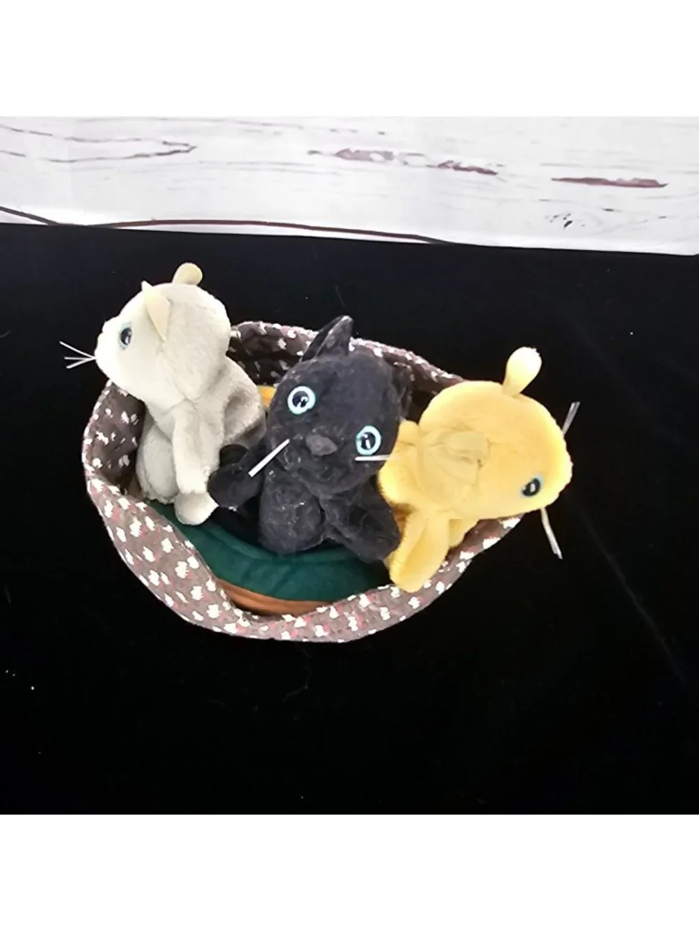 Three Folkmanis Plush Kitten Finger Puppets In Decorative Basket With Realistic